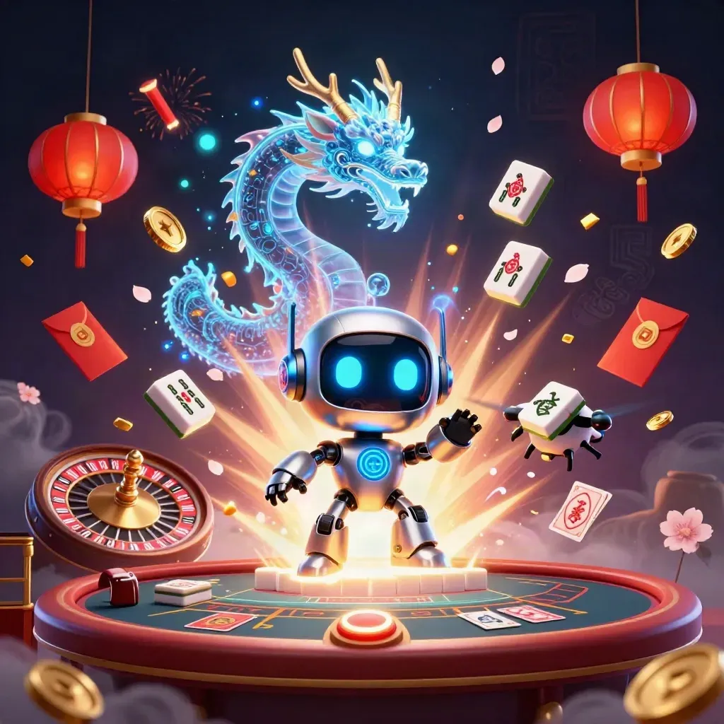 Cyberpunk robot, holographic dragon, and coin drone amid casino magic, lanterns, coins, cards, and neon glow