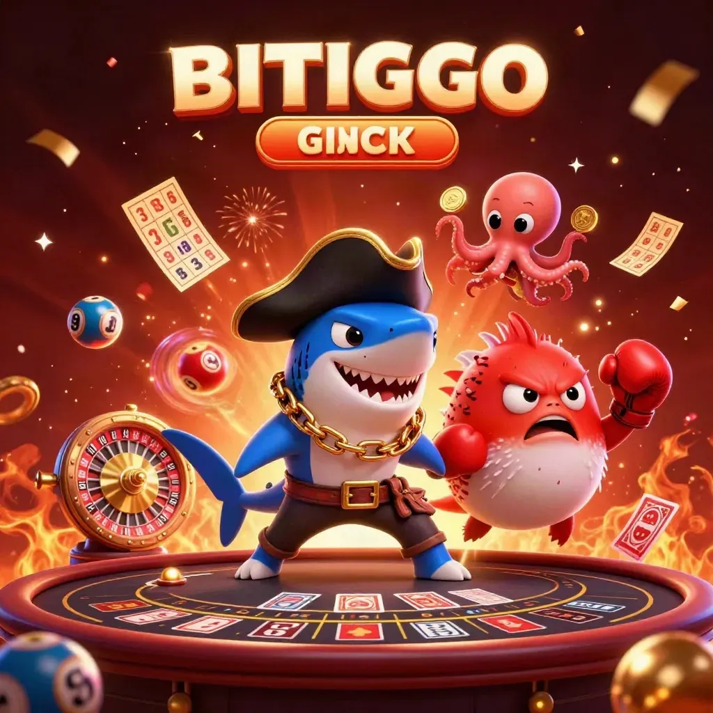 Pirate shark, boxing pufferfish, and juggling octopus amid casino treasures and neon effects