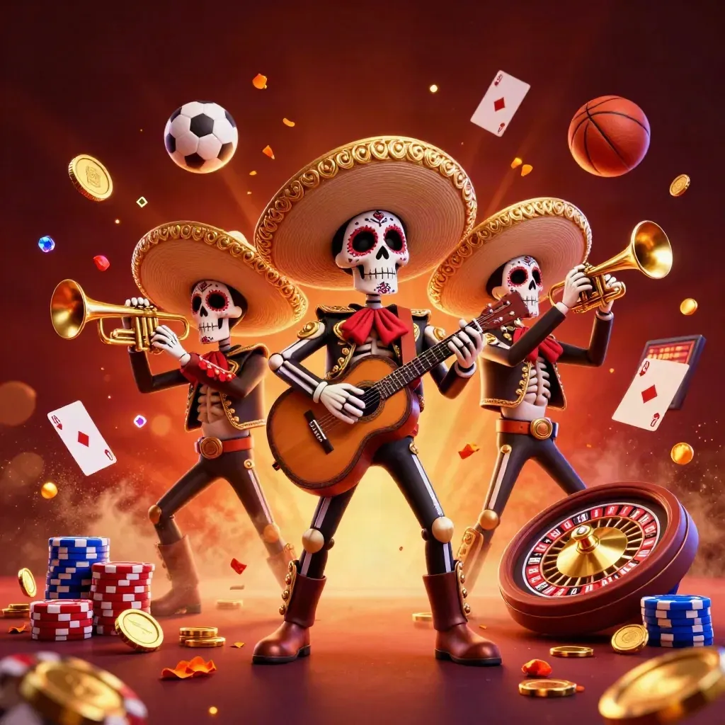 Skeleton mariachi trio amid flying chips, roulette wheel, coins, and a frozen soccer ball glow