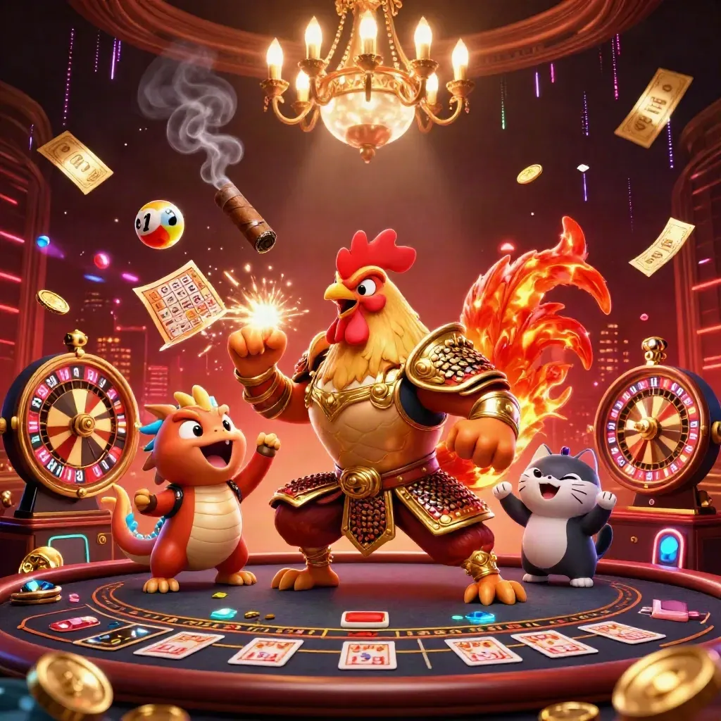 Rooster warrior, dragon hatchling, and fortune-cat amid casino effects and glowing neon energy.