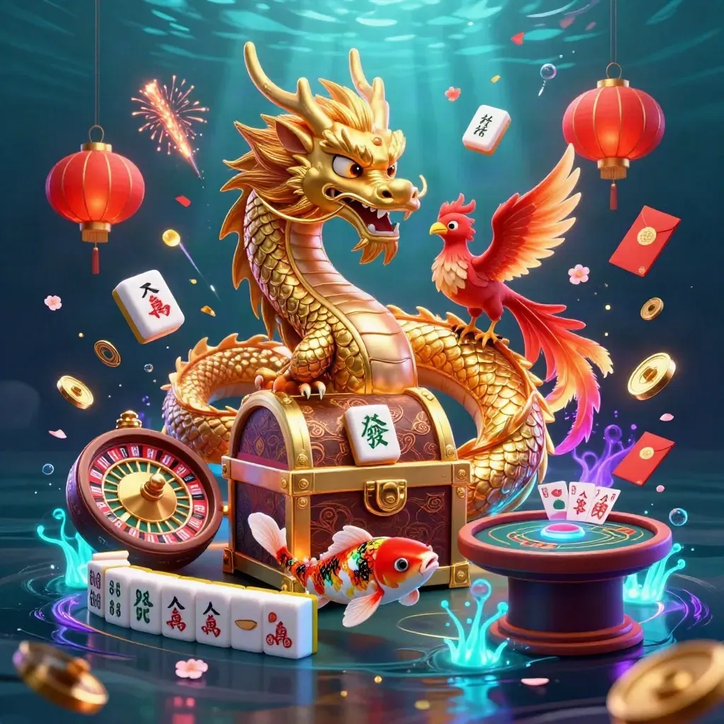 Golden dragon and phoenix over casino treasures, underwater glow, roulette wheel and dealer button