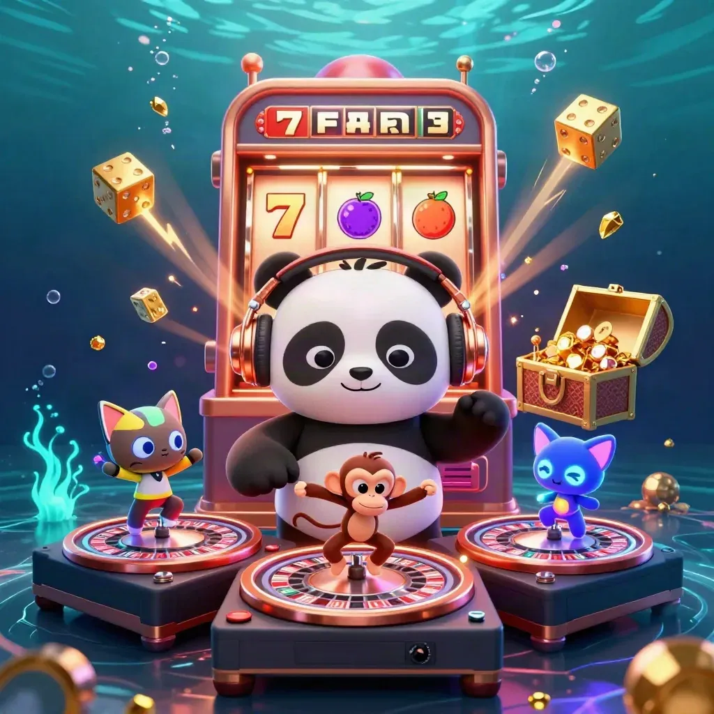 DJ panda, breakdancing monkey, and rave kitten amid slot burst and gold underwater glow