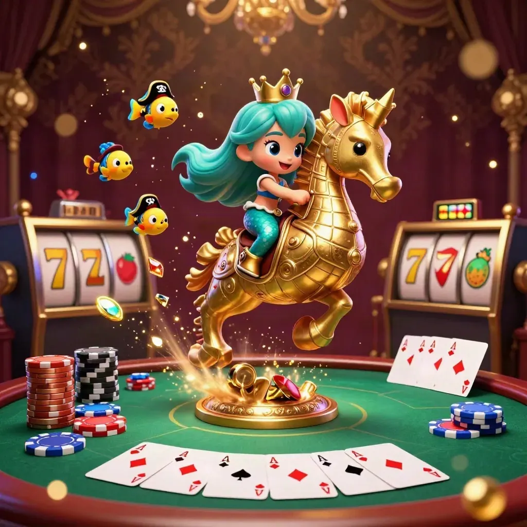 Mermaid princess on a golden seahorse amid poker chips, aces, and glowing casino treasure.
