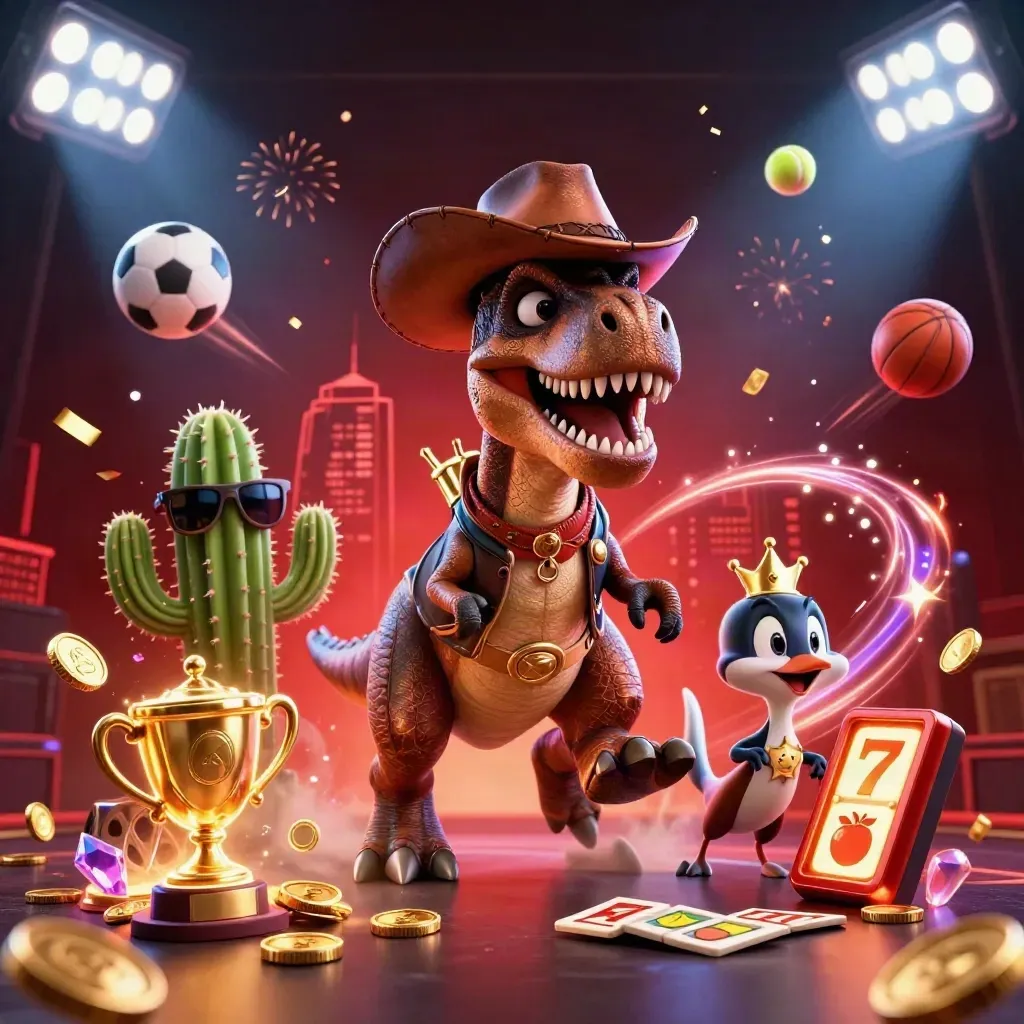 Cowboy T-Rex, cactus and roadrunner amid casino loot, sports balls and red neon bursts.