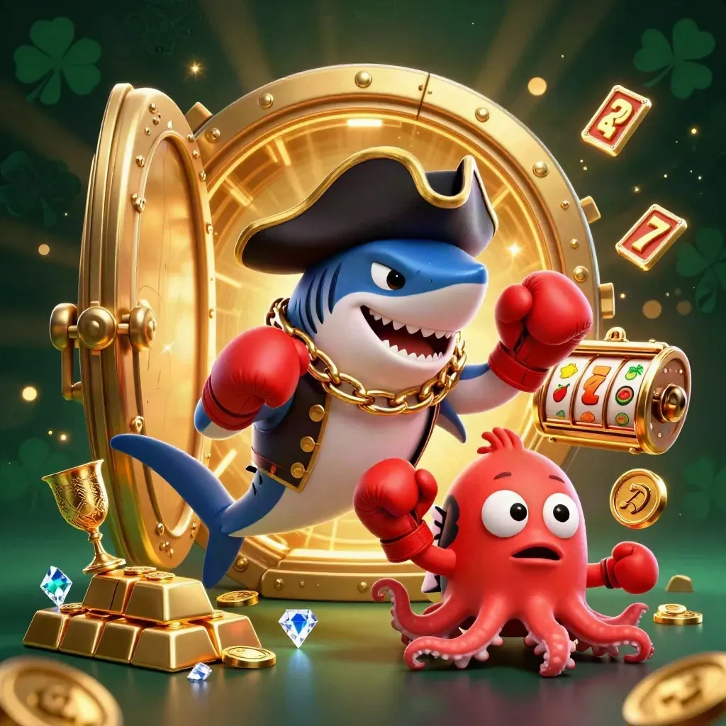 Pirate shark, boxing pufferfish, and coin-juggling octopus amid casino loot and glowing treasure