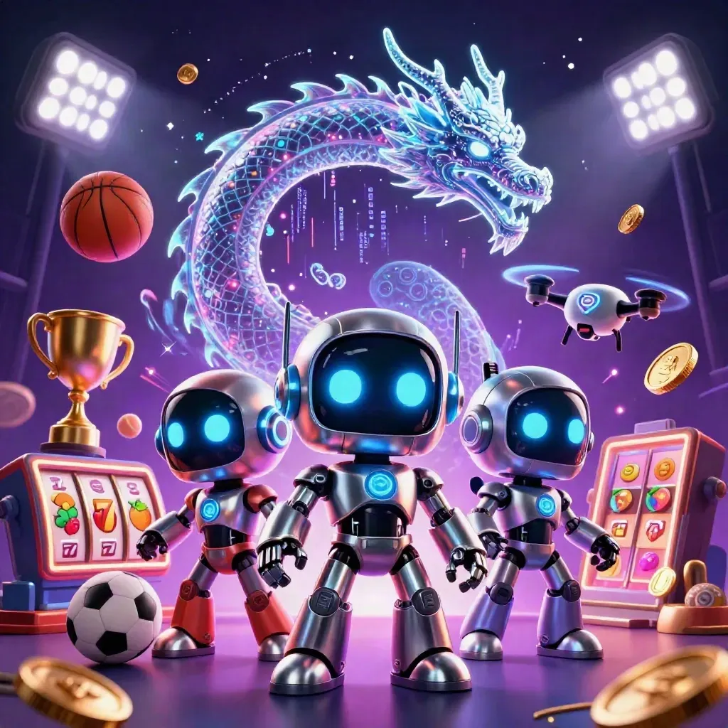 Cyberpunk robot, holographic dragon and coin drone amid reels, sports balls and casino sparks.